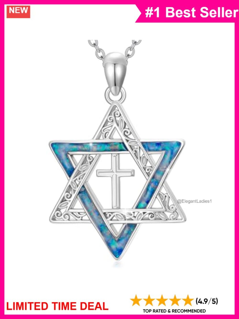 Star of David Necklace Opal Stainless Steel Pendant Judaica